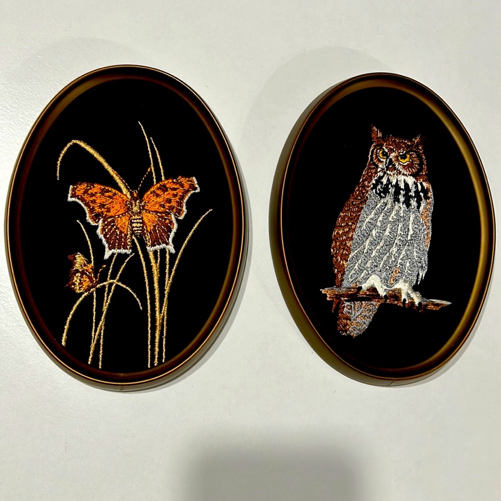 Embroidered Butterfly and Owl Wall Art Set